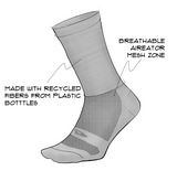 Socks made from recycle fibers and have breathable aireator mesh zone.